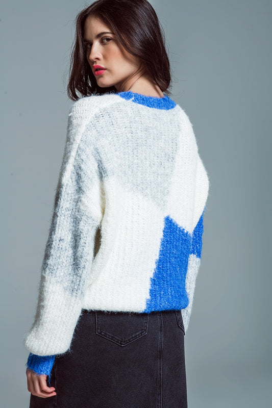 Oversized color block sweater in  Blue and white chunky rib
