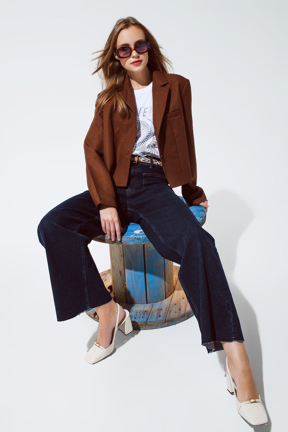 Q2 Oversized Cropped Blazer Vichy Design And Metallic Details In Brown