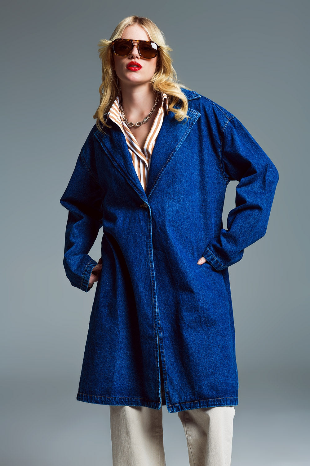 Oversized Denim Coat With Wide Collar in Mid Wash