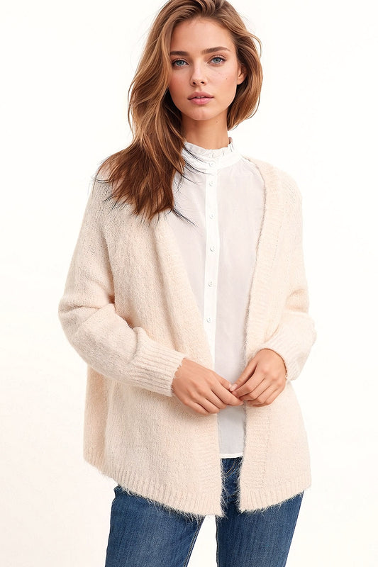 Q2 Oversized fluffy knit open cardigan in white with rib at them and cuffs