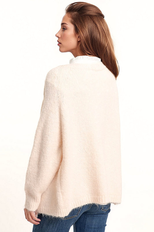 Oversized fluffy knit open cardigan in white with rib at them and cuffs