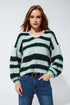 Q2 Oversized Green Stripy Fluffy Sweater With Balloon Sleeves