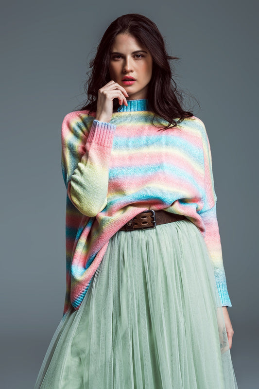 Q2 Oversized Multicolor High Necke Sweater With Side Slits