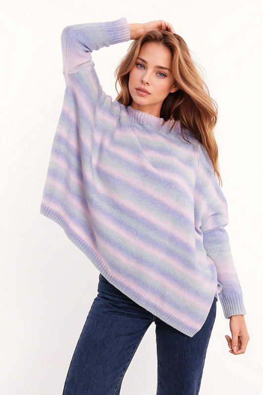 Q2 Oversized Multicolor in Shades of Purple High Neck Sweater With Side Slits
