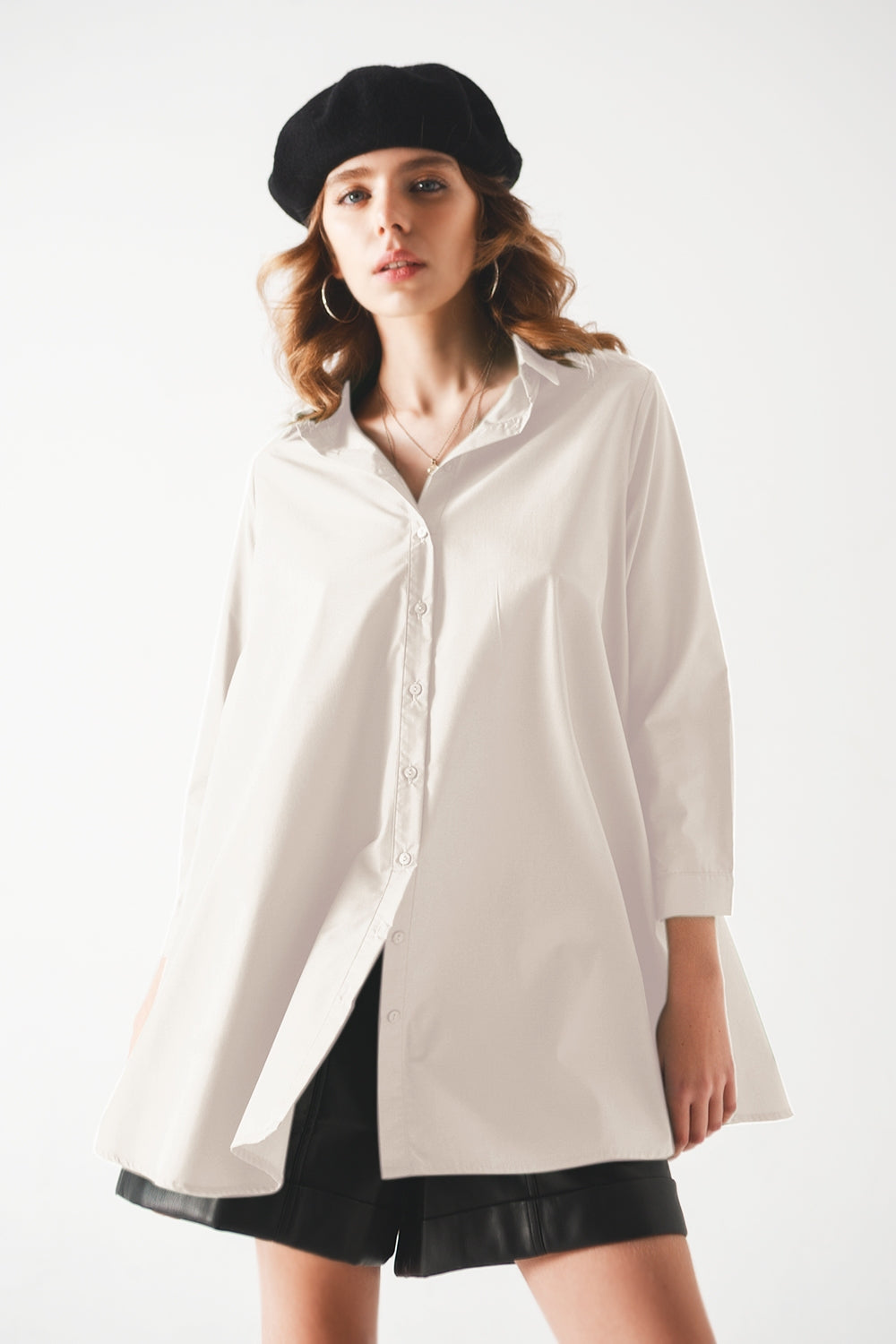 Q2 Oversized Poplin A-line Shirt in White