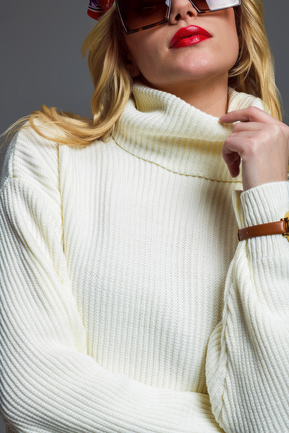 Oversized Ribbed Knit dress With Turtle Neck in Cream
