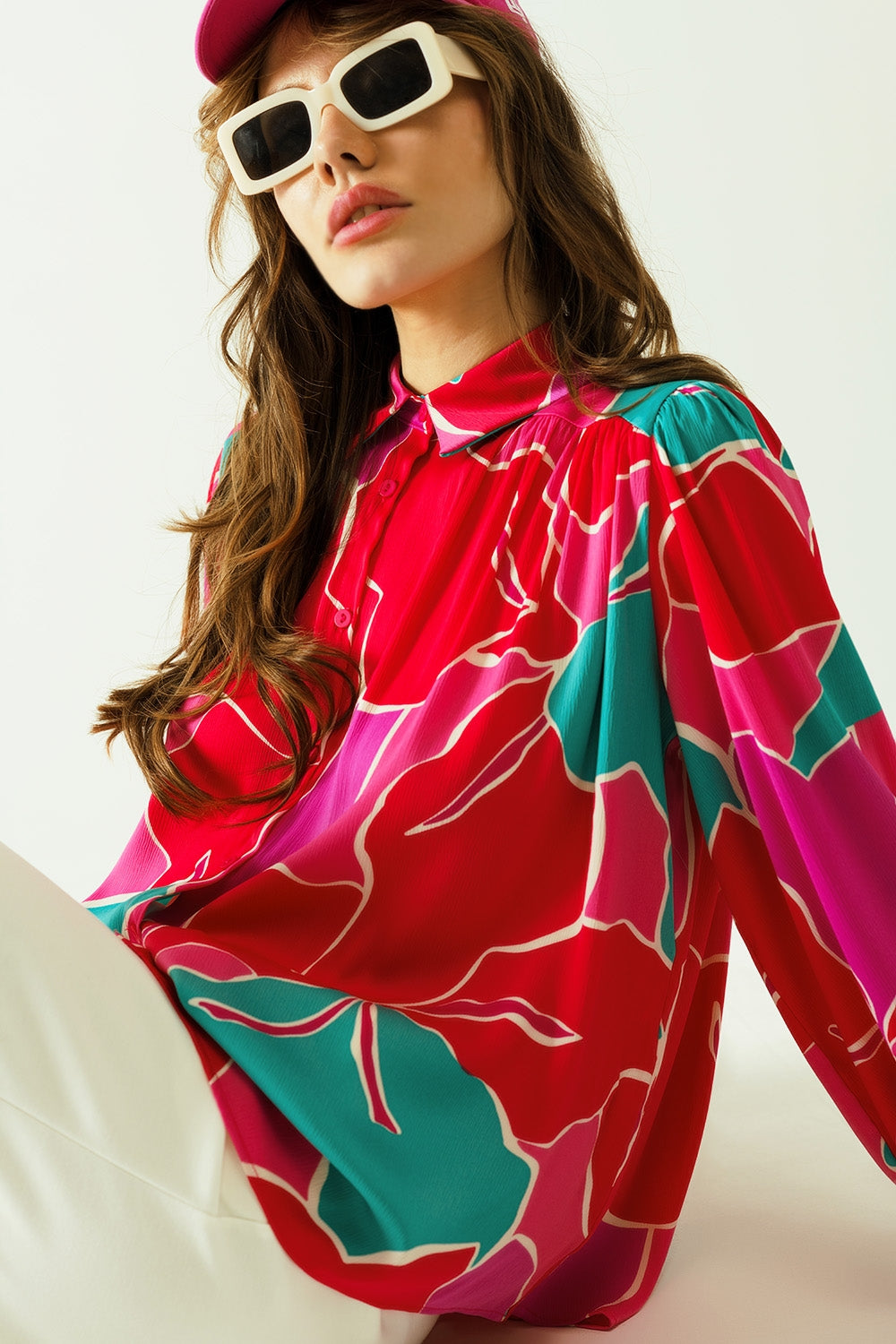 Q2 Satin Oversized shirt with floral designs and button closure