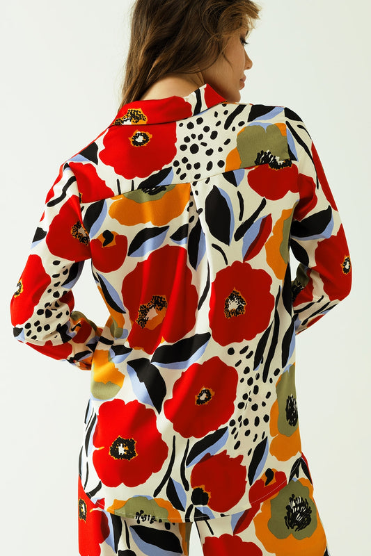Oversized shirt with poppies designs and button closure