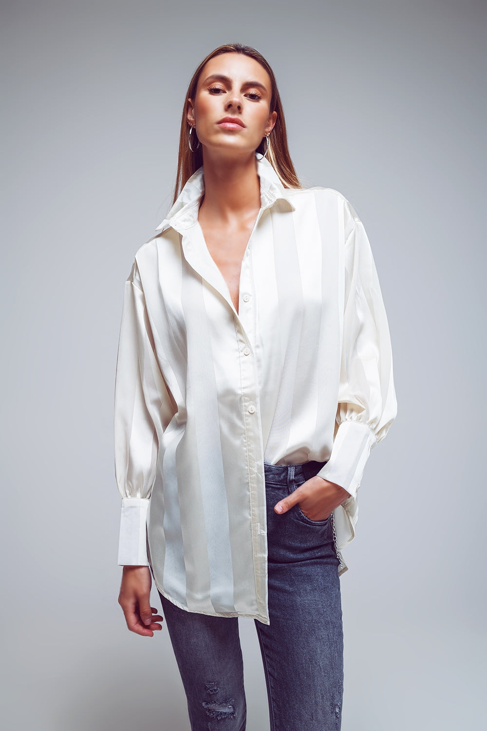 Q2 Oversized Shirt With Stripped Design And Balloon Sleeves in Cream
