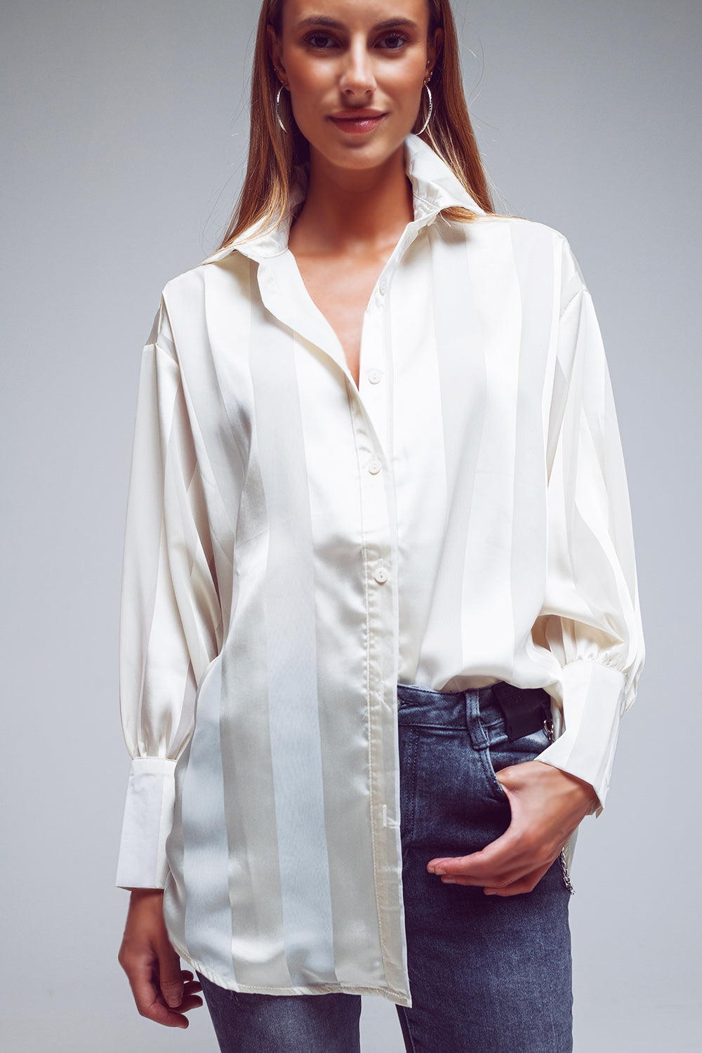 Oversized Shirt With Stripped Design And Balloon Sleeves in Cream - Szua Store