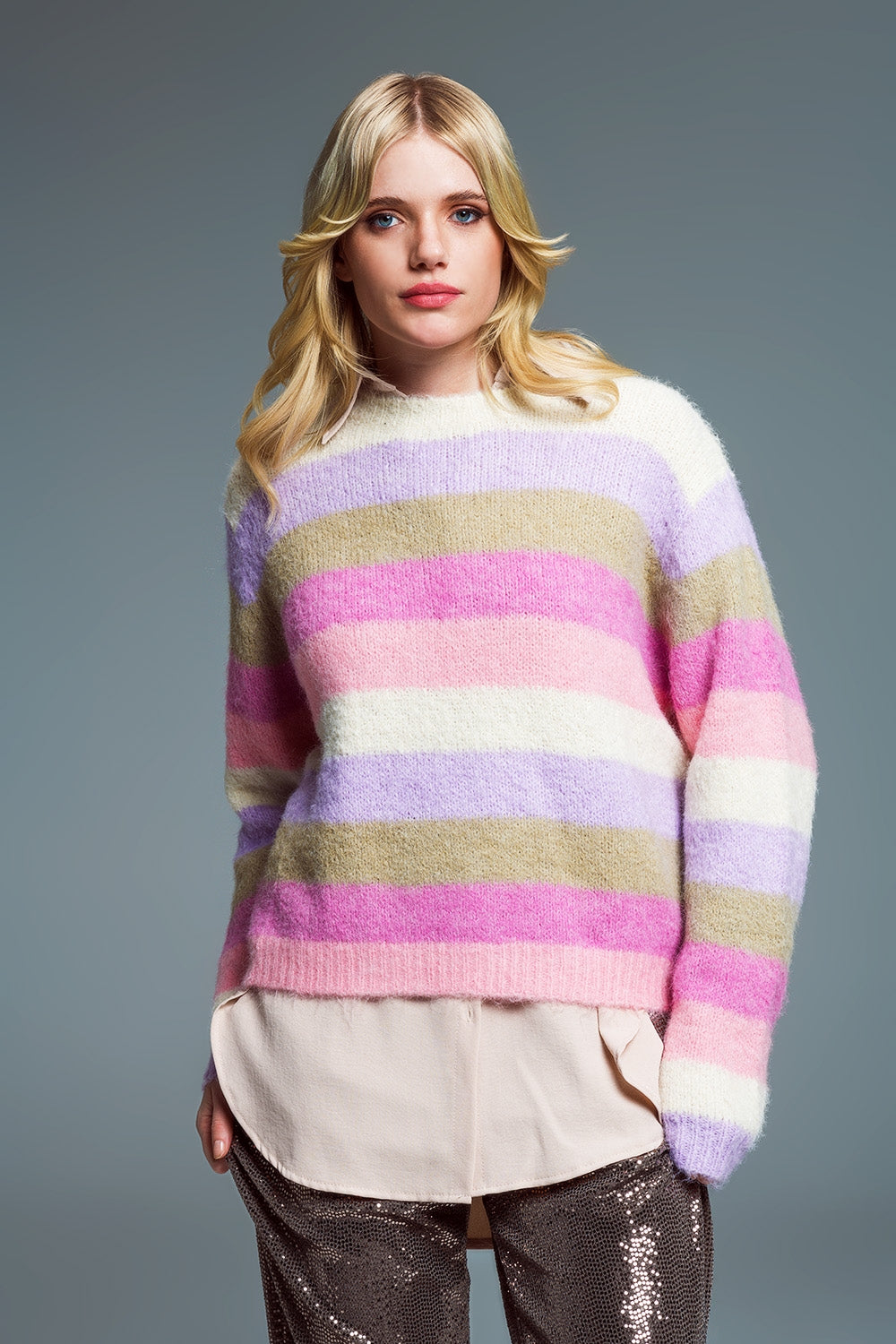 Q2 Oversized striped sweater in pink