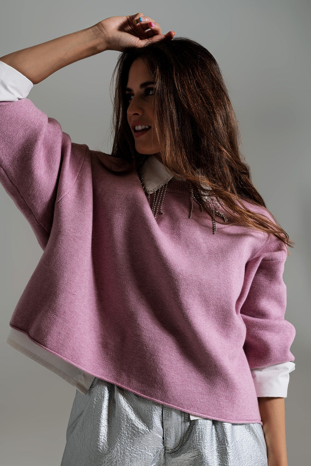 Q2 Oversized Sweater With Boatneck in Dusty Pink