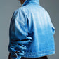 Ovesized cropped denim jacket with zip fastening and high collar