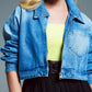 Ovesized cropped denim jacket with zip fastening and high collar