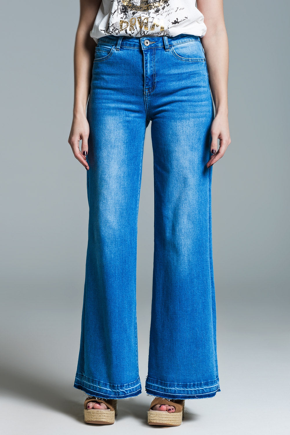 Q2 Palazzo Style Jeans in Mid Wash With Double Stitching Detail at The Hem
