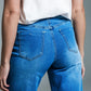 Palazzo Style Jeans in Mid Wash With Double Stitching Detail at The Hem