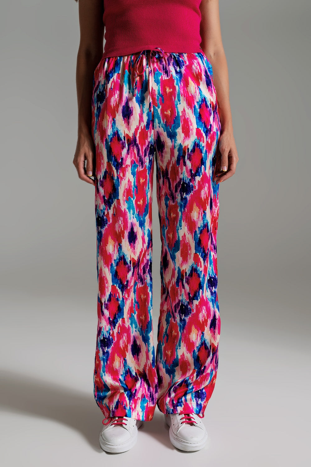 Q2 Palazzo Style Pants in Abstract Pink and Blue Print