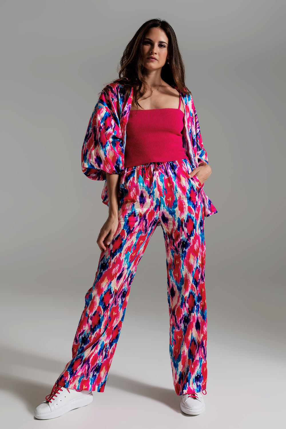 Palazzo Style Pants in Abstract Pink and Blue Print - Szua Store