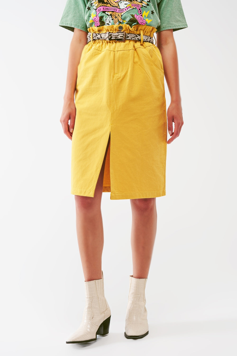 Q2 Paper Bag Waist Straight Skirt With Front Slit in Yellow