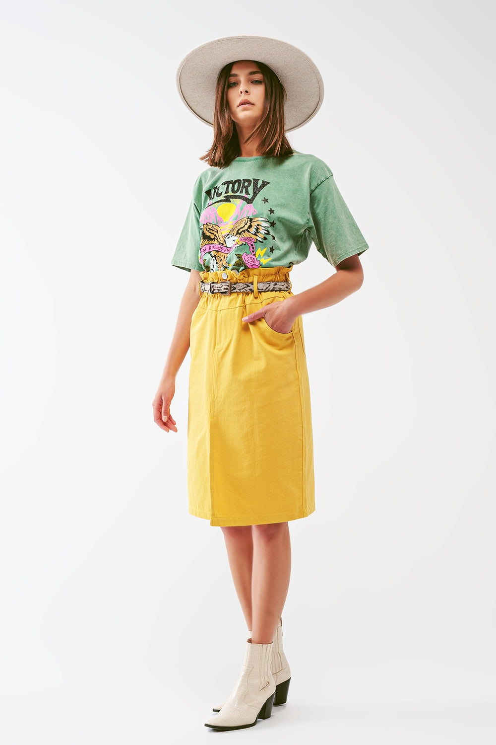 Paper Bag Waist Straight Skirt With Front Slit in Yellow - Szua Store
