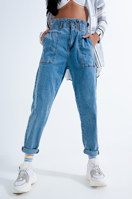 Paperbag waist Mom jeans in mid blue Szua Store