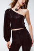 Q2 Party Cropped one shoulder top with glitter detail in black