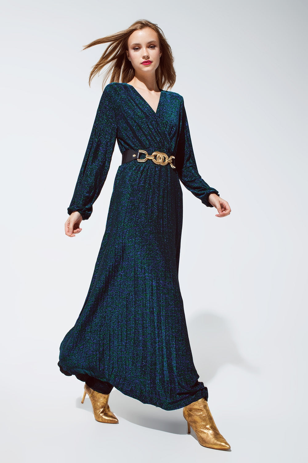 Q2 Party Long sleeve maxi dress with glitter in green
