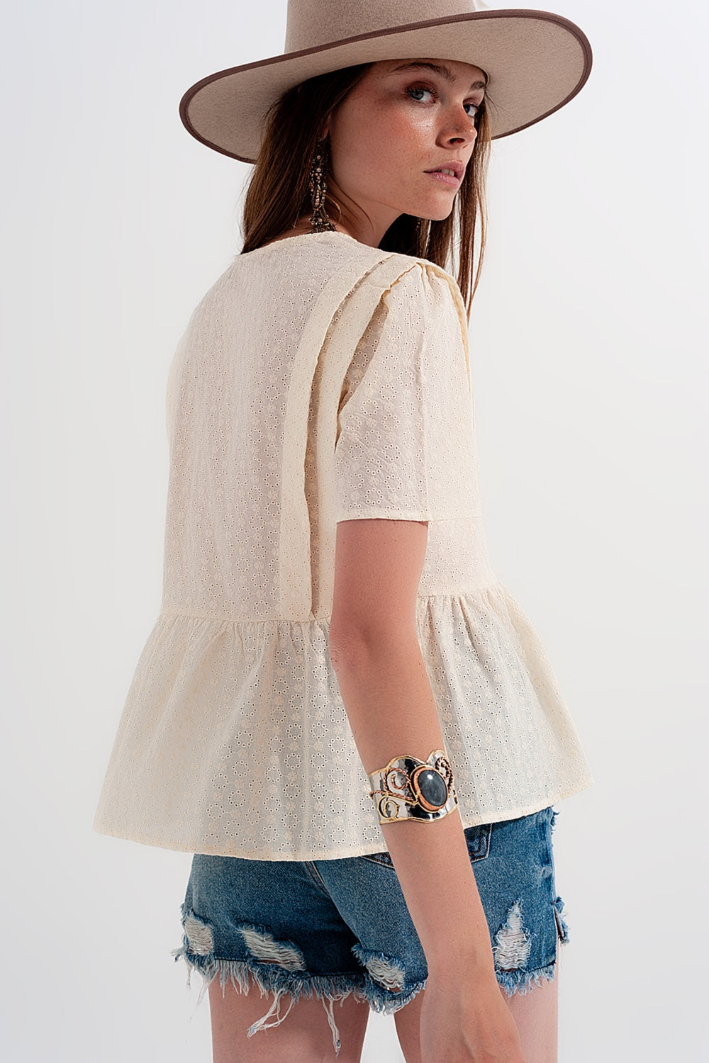 Peplum broderie top in Beige Szua Store