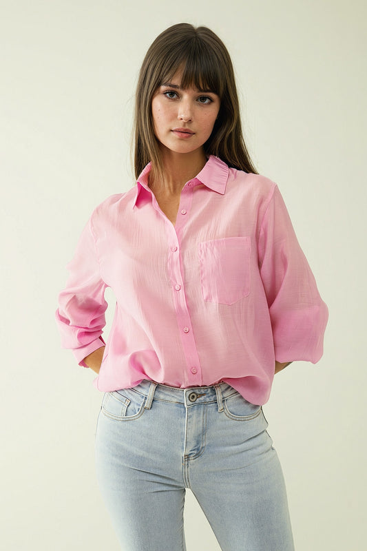 Q2 Pink chiffon shirt with long sleeves and one chest pocket