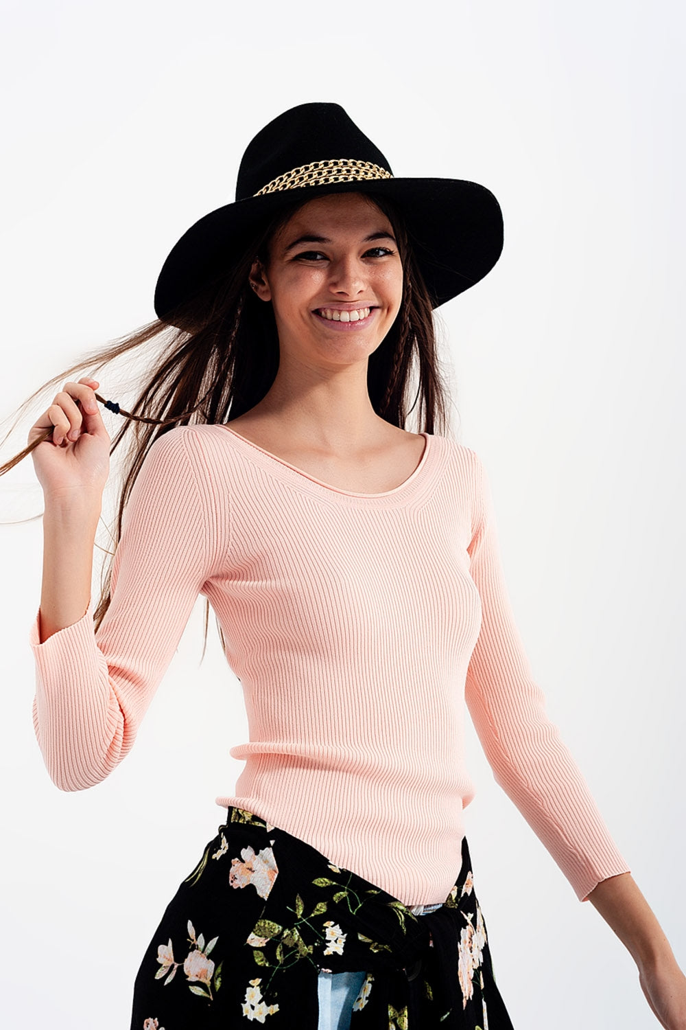Pink knitted wide neck sweater