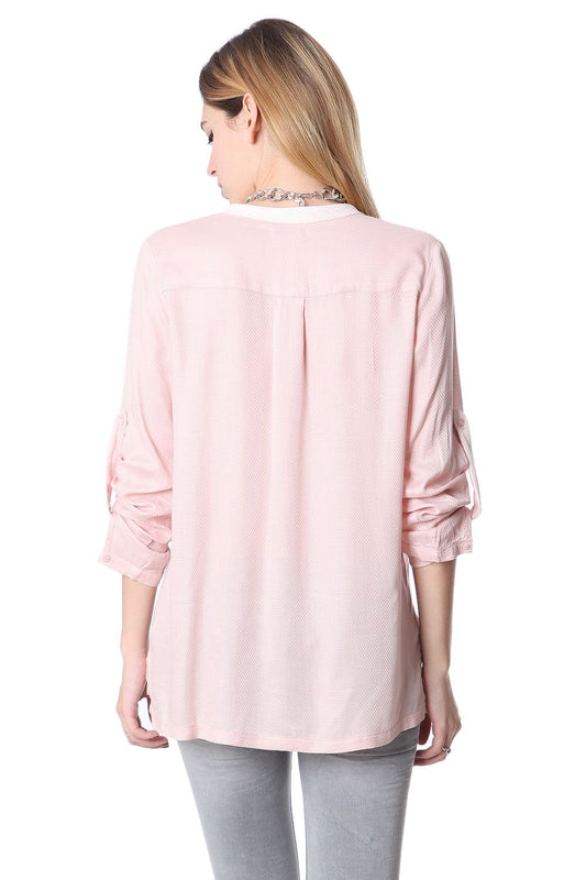 Pink long sleeve deep V neck blouse Szua Store