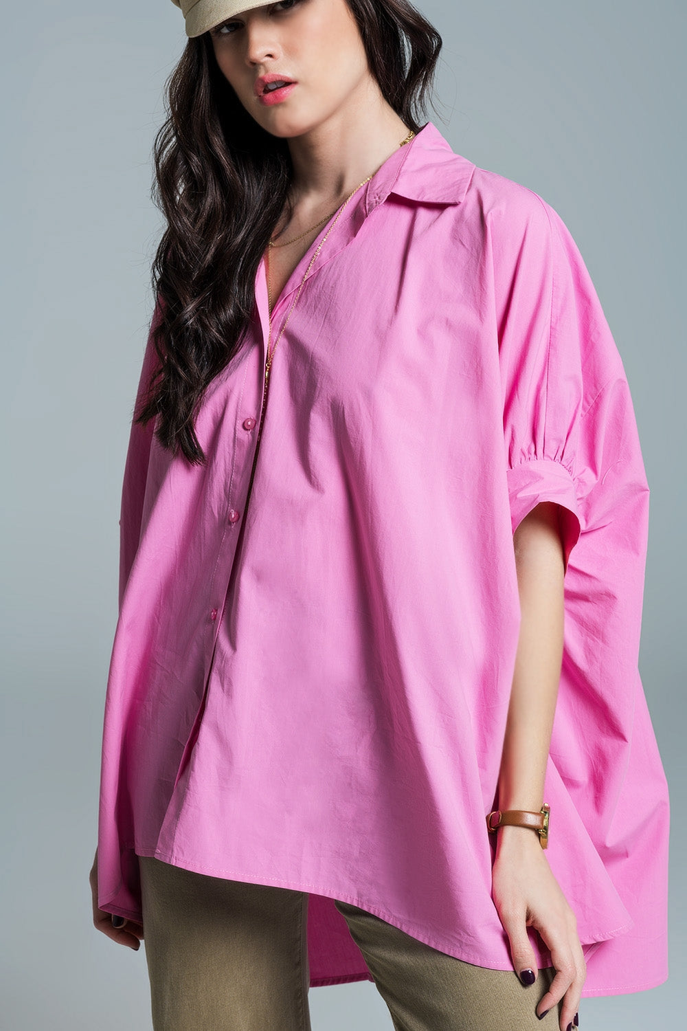 Q2 Pink oversized blouse with short sleeves