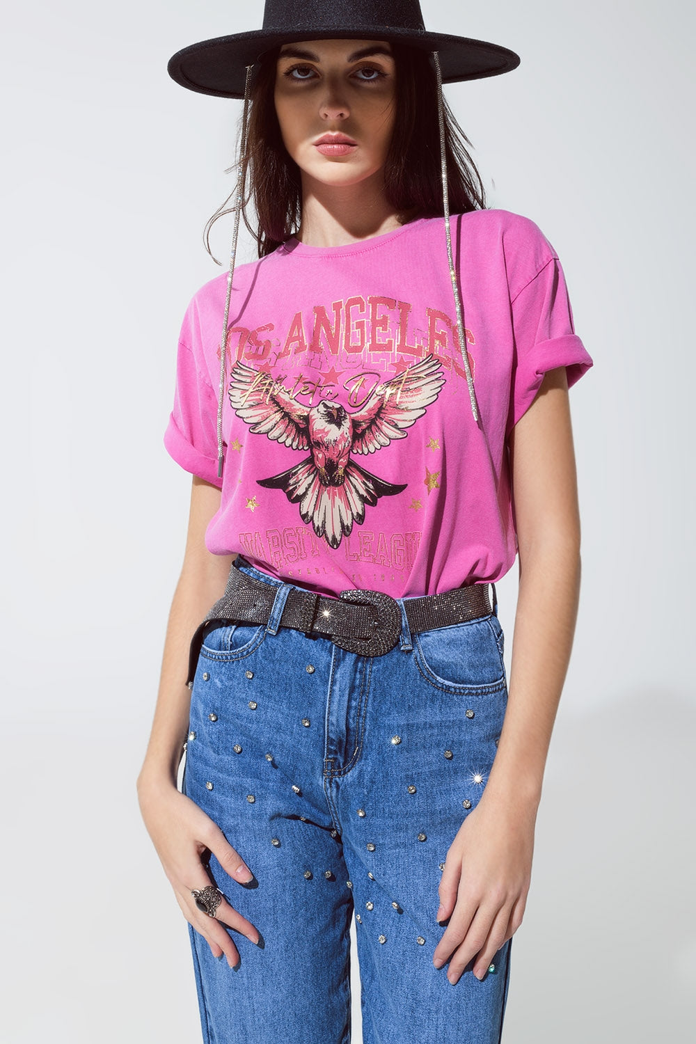 Camiseta rosa con estampado Los Ángeles en la parte delantera