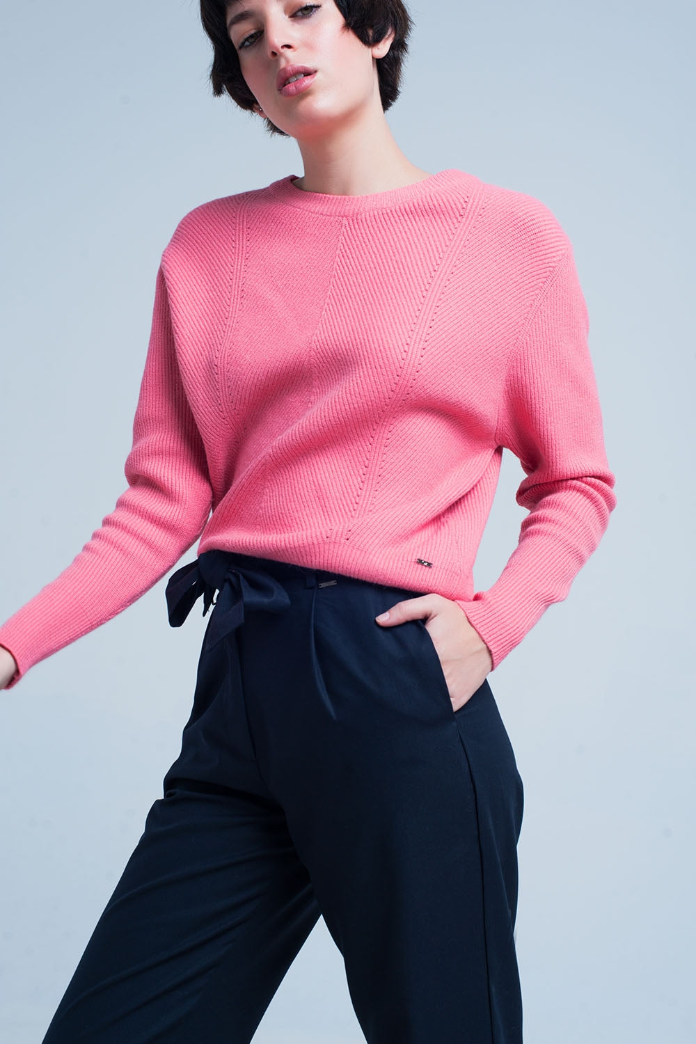 Pink Textured Sweater with Round Neck Szua Store