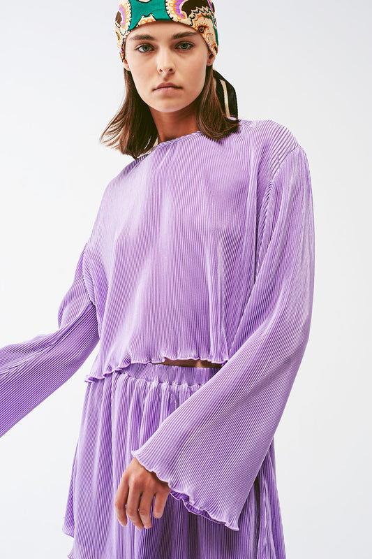 Q2 Pleated Round Neck Crop Top in lilac