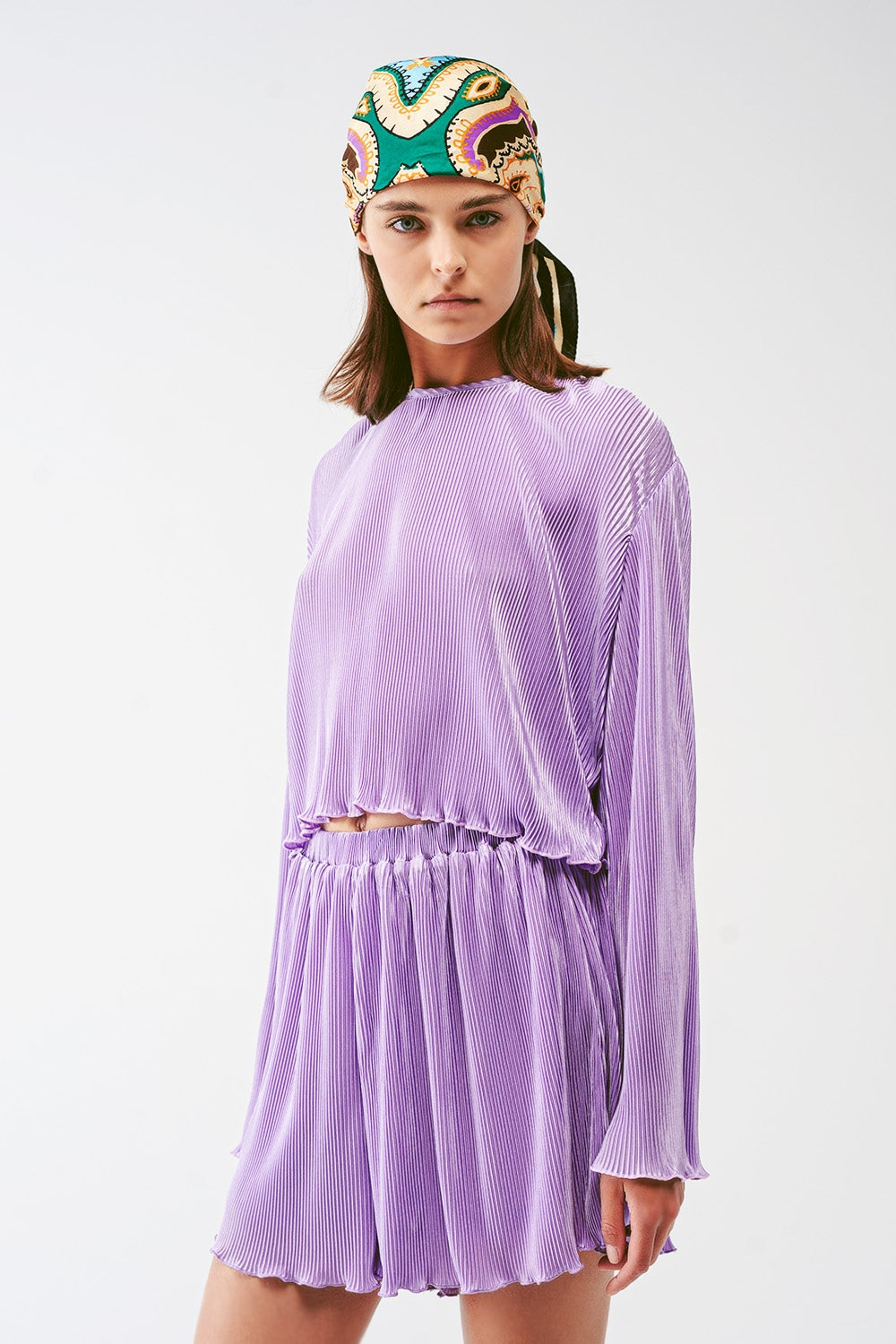 Pleated Round Neck Crop Top in lilac - Szua Store