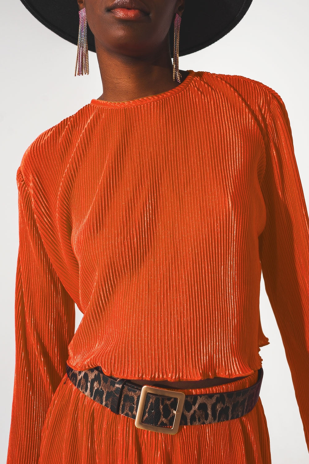 Pleated round neck crop top in orange - Szua Store