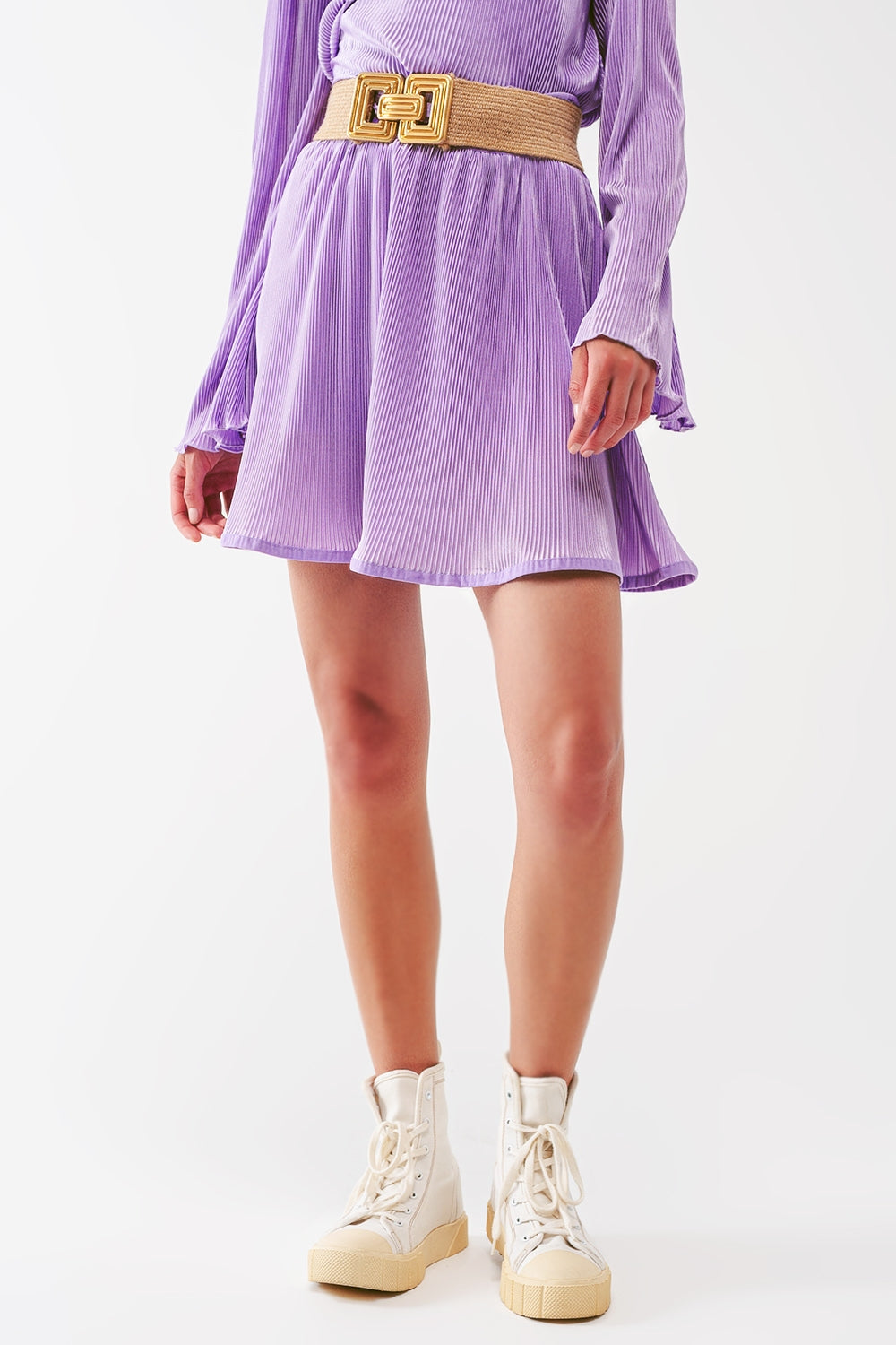 Q2 Pleated Satin Mini Skirt in lilac
