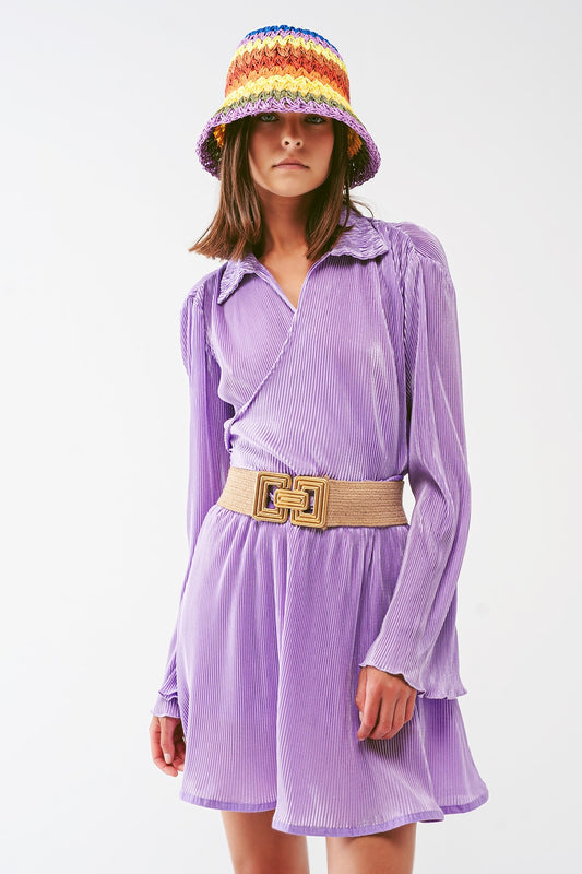 Q2 Pleated Satin Wrap Top in lilac