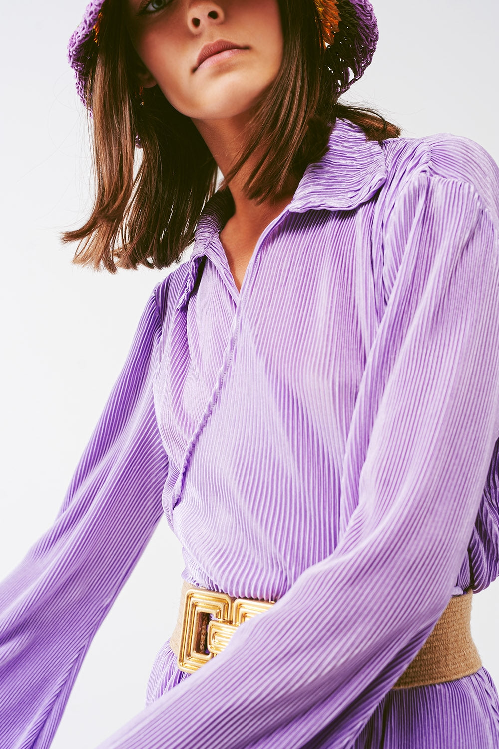 Pleated Satin Wrap Top in lilac - Szua Store