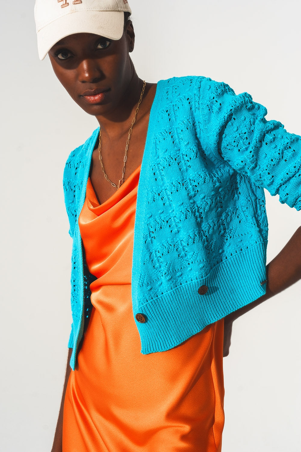 Q2 Pointelle knitted cardi in blue