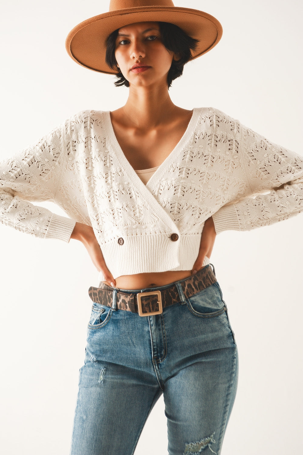 Q2 Pointelle knitted cardi in cream