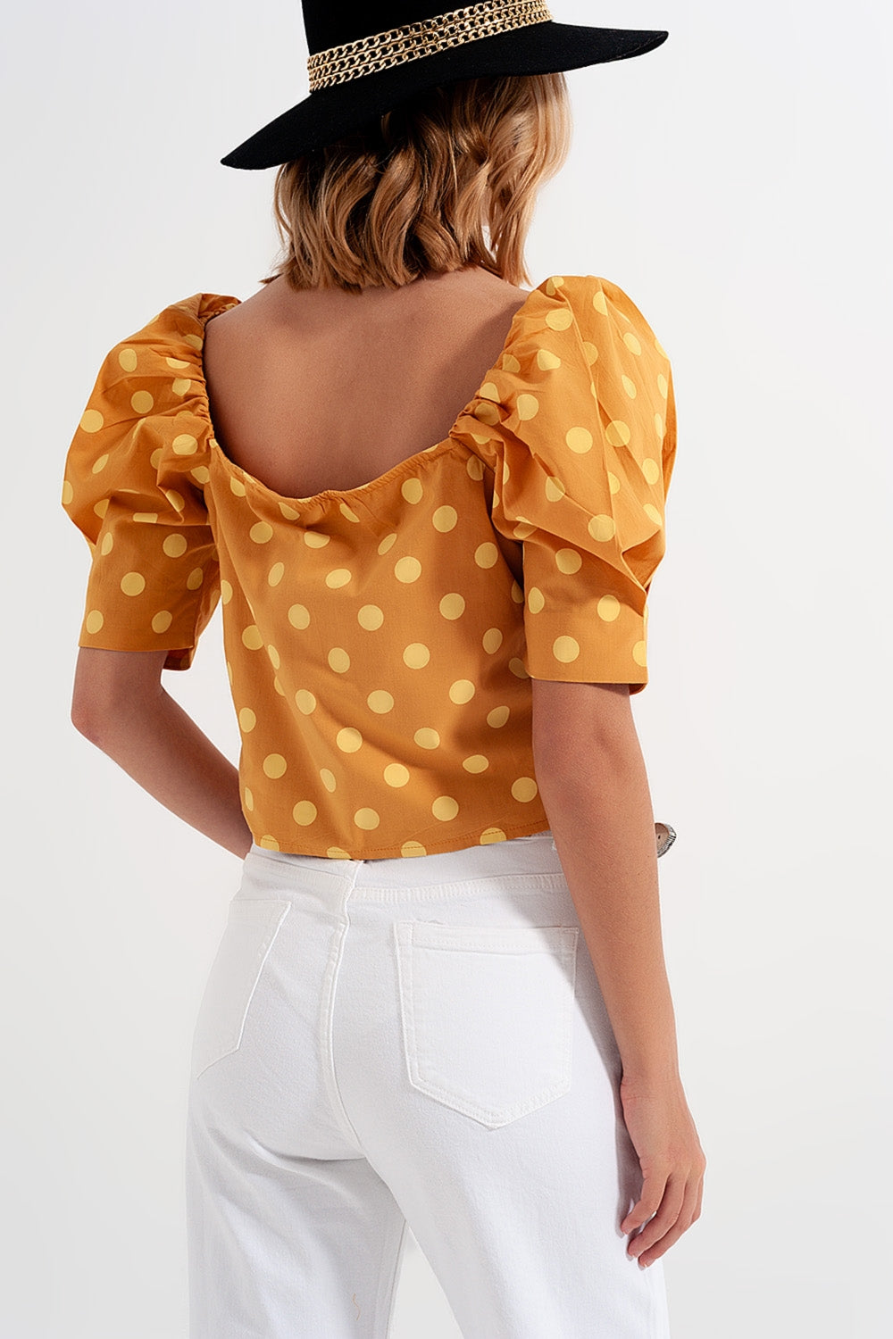 Polka dot top with puffed sleeves and square neckline in yellow Szua Store