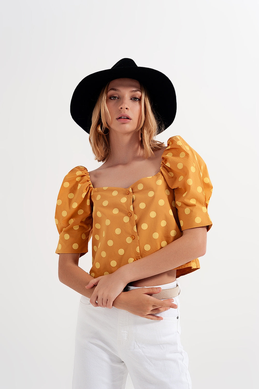 Polka dot top with puffed sleeves and square neckline in yellow Szua Store