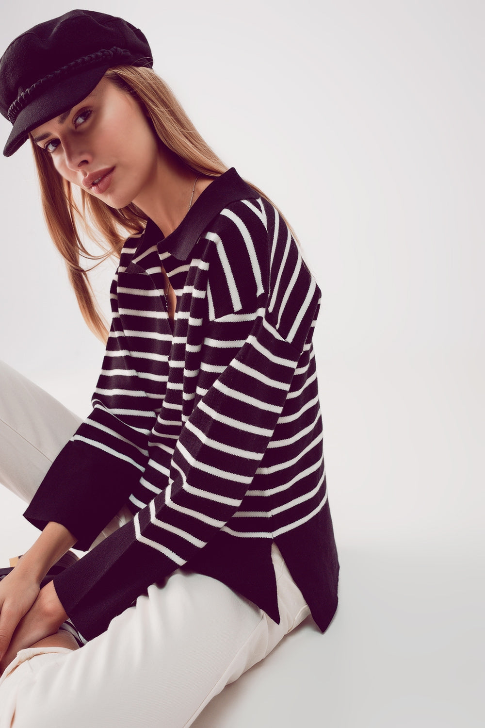 Polo neck sweater in black stripe Szua Store