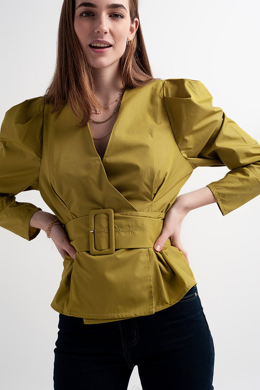 Puff sleeve wrap front top with belt detail in green Szua Store