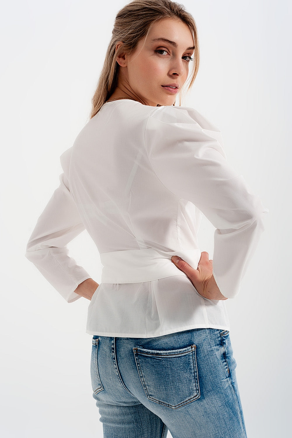Puff sleeve wrap front top with belt detail in white Szua Store