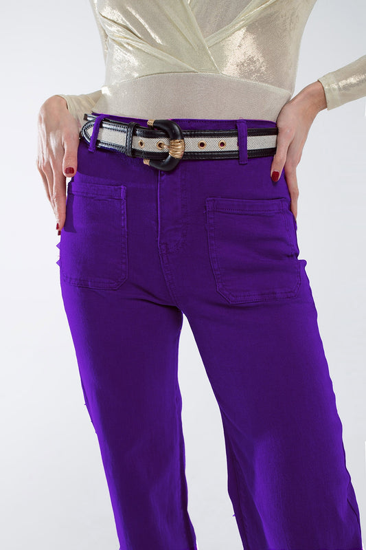 Purple flair jeans with large front pockets