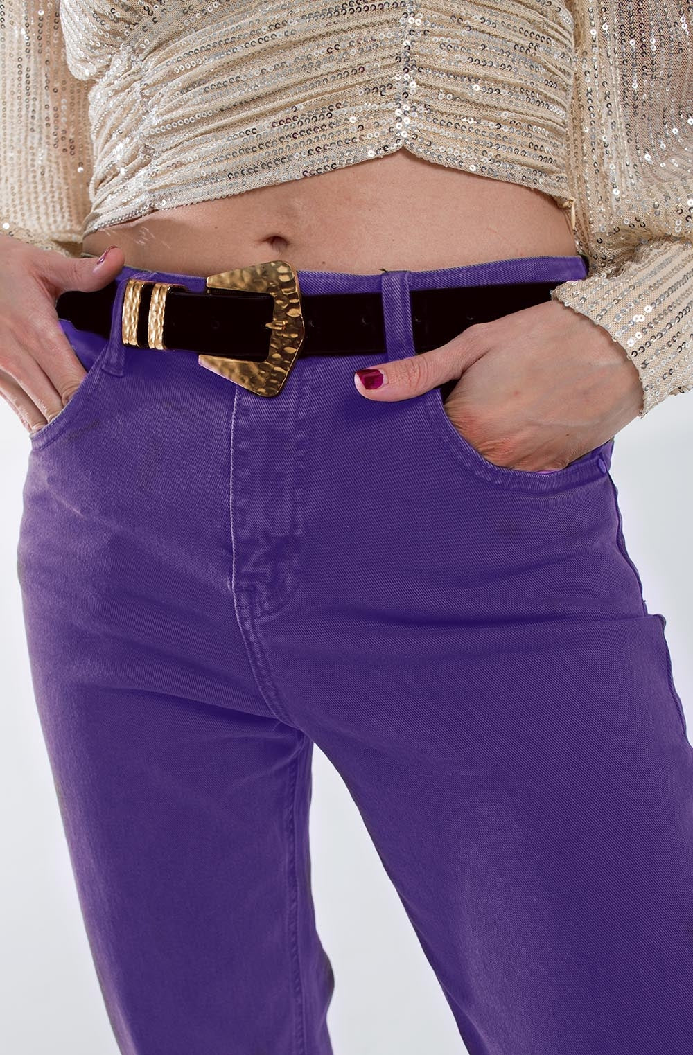 Purple straight leg jeans with hem