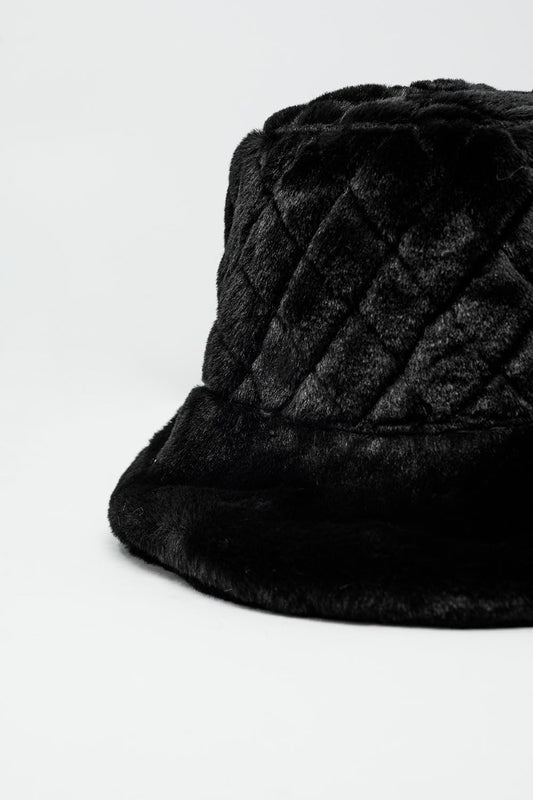 Quilted Bucket Hat In Black Faux Fur